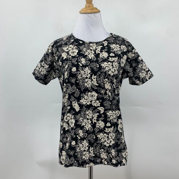 Eddie Bauer Shirt Womens S Small Black Beige Floral Short Sleeve Crew Stretch - Picture 2 of 12